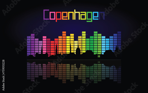 Black panorama of city of Copenhagen on multi colored music equalizer with  reflection of city and music equalizer with multi colored inscription of the name of the city on black background