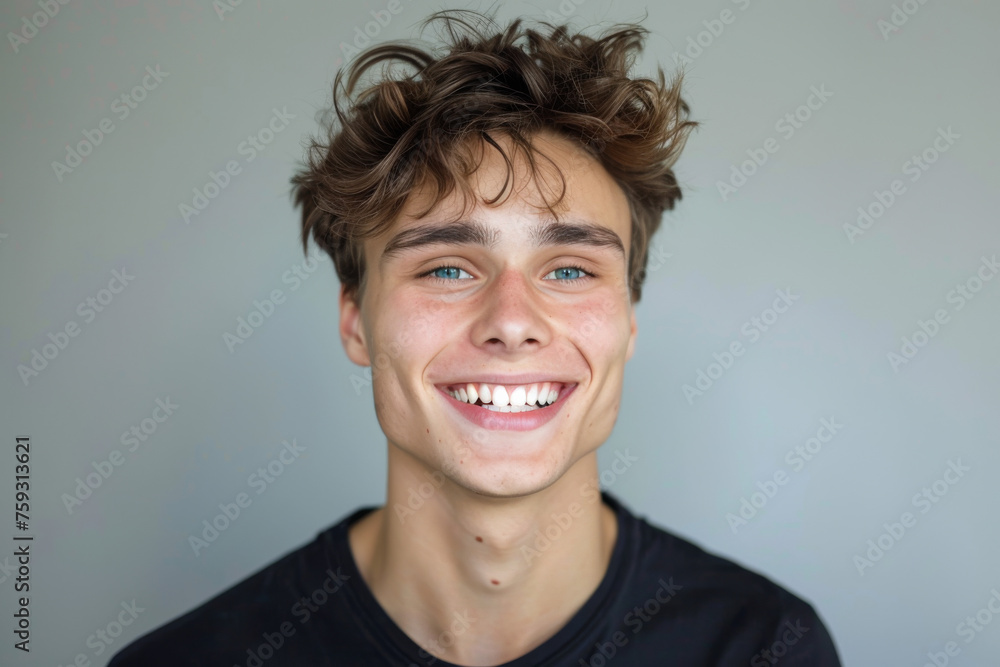 A young man with curly hair is smiling for the camera A young man with curly hair is smiling for the camera