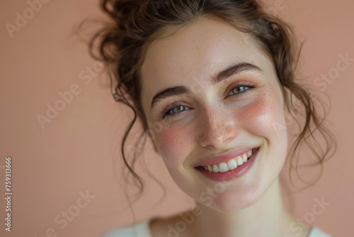 A woman with freckles on her face smiles for the camera