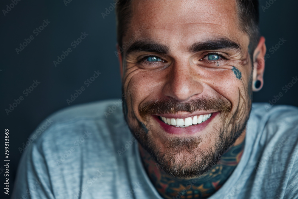 A man with a tattoo on his face is smiling A man with a tattoo on his face is smiling
