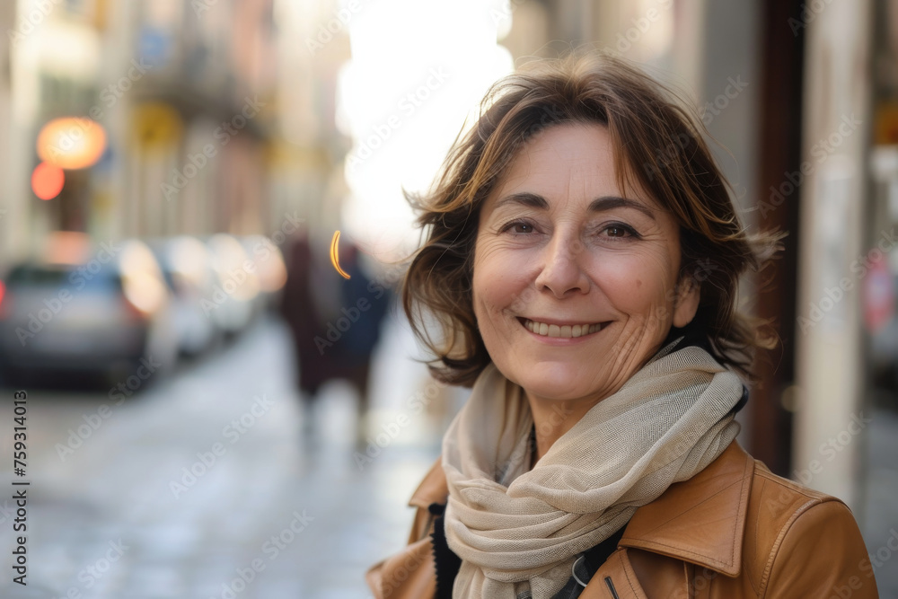 A woman wearing a scarf and a brown jacket smiles for the camera A woman wearing a scarf and a brown jacket smiles for the camera