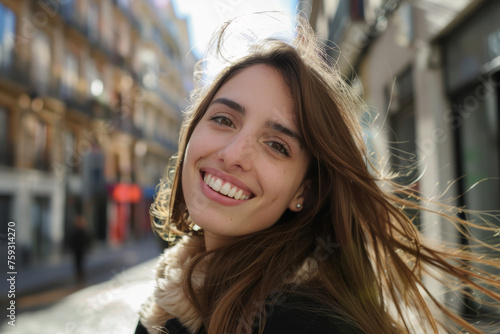 A woman is smiling with her hair blowing in the wind