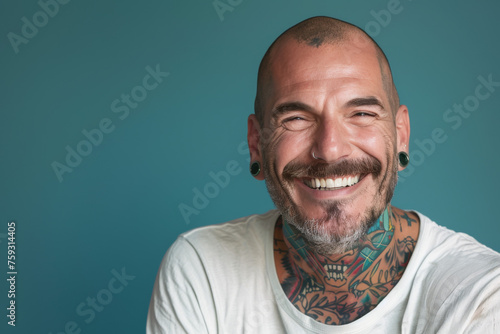 A man with a tattoo on his neck is smiling