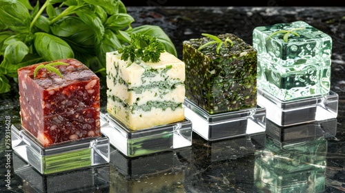 a group of four different types of soaps on a black surface with a green plant in the back ground. photo