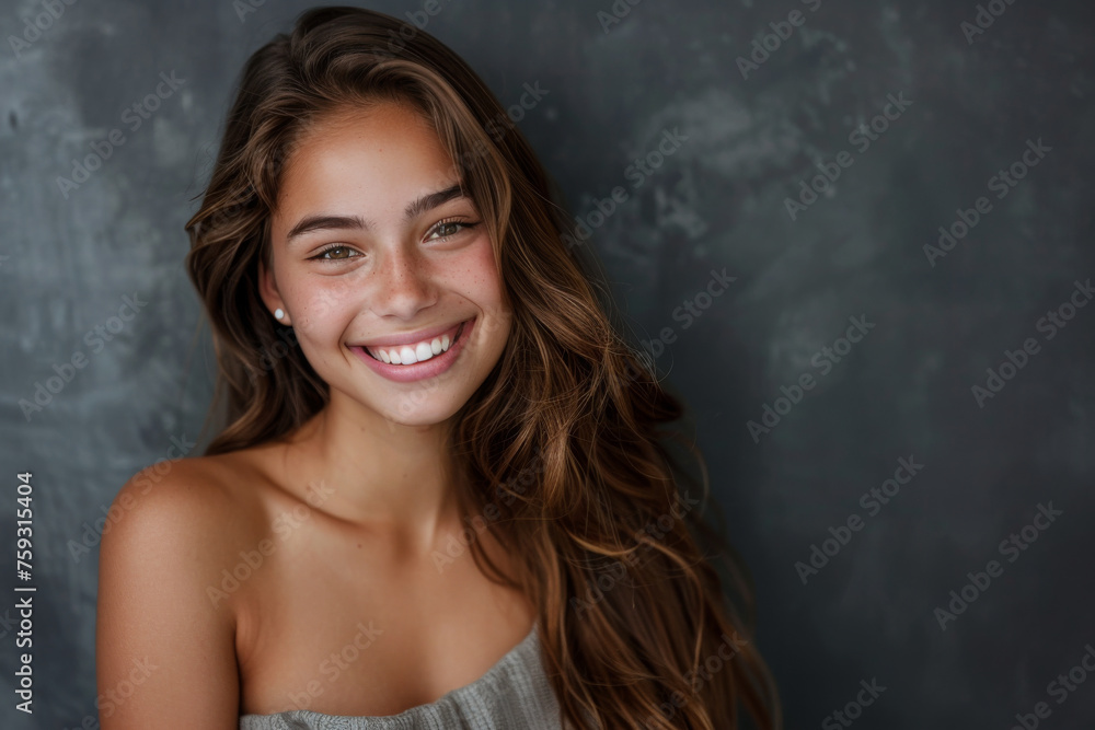 A woman with long brown hair is smiling for the camera A woman with long brown hair is smiling for the camera