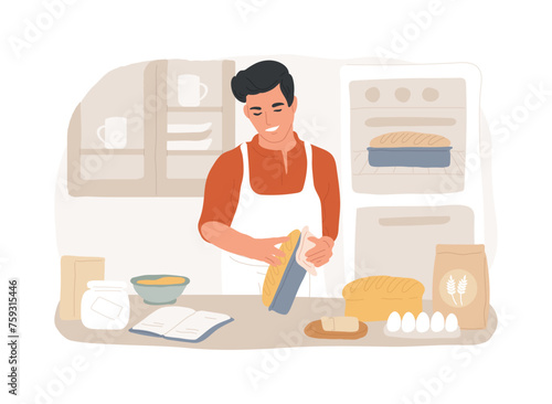 Baking bread isolated concept vector illustration. Quarantine cooking, family recipe, baking yeast, stay at home, social distancing, stress relief, watch video tutorial vector concept.