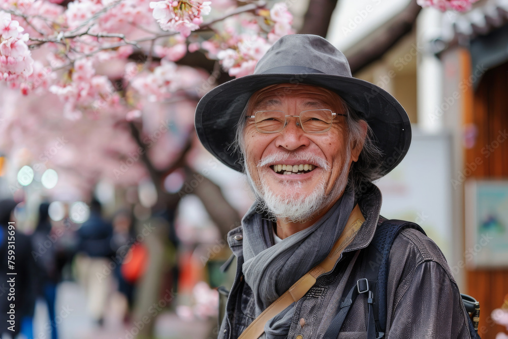 A man wearing a hat and glasses is smiling in front of a tree with pink flowers A man wearing a hat and glasses is smiling in front of a tree with pink flowers