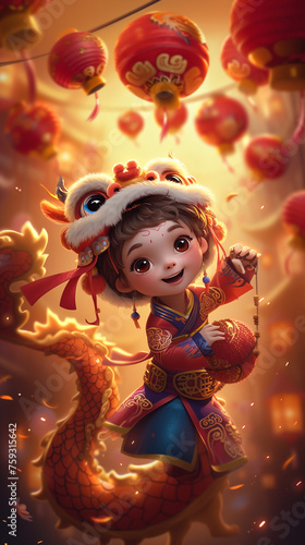 2024 Chinese New Year, year of the Dragon banner design with cute little boy and girl performing dragon dance. Chinese translation: Auspicious year of the Dragon, Wish you enlarge your wealth