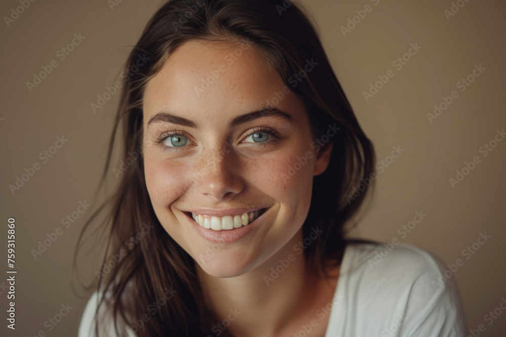 A woman with green eyes and freckles smiles for the camera A woman with green eyes and freckles smiles for the camera