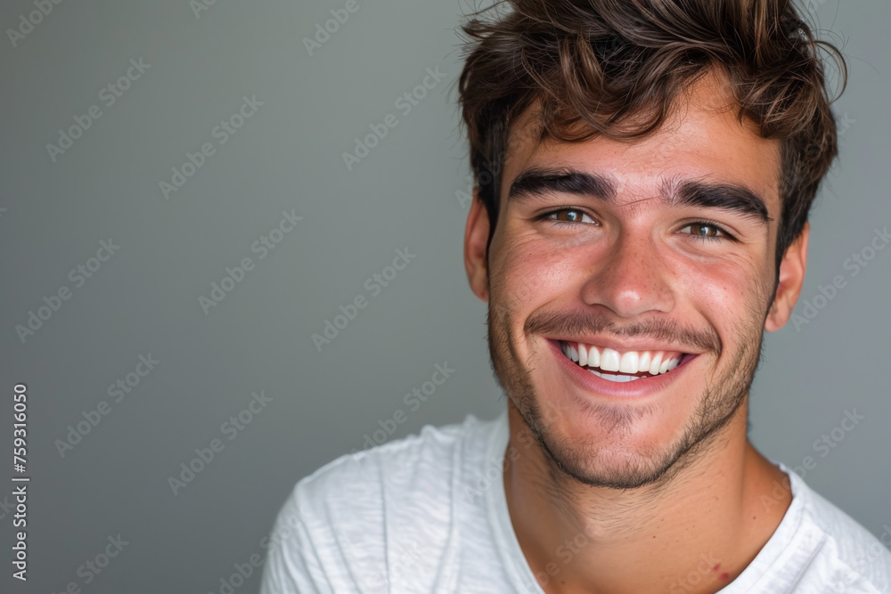 Fototapeta premium A young man with a beard is smiling for the camera