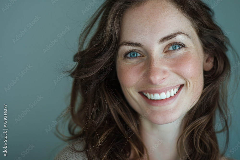 A woman with blue eyes and brown hair smiles for the camera A woman with blue eyes and brown hair smiles for the camera