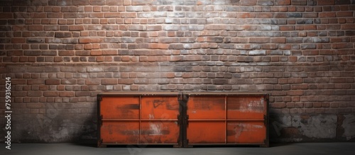 Storage space available on a background of concrete brick wall for product placement.