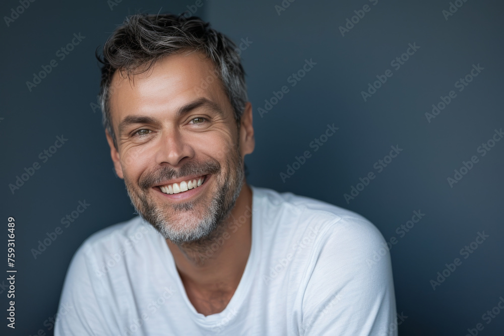 A man with a beard wearing a white shirt smiles for the camera A man with a beard wearing a white shirt smiles for the camera