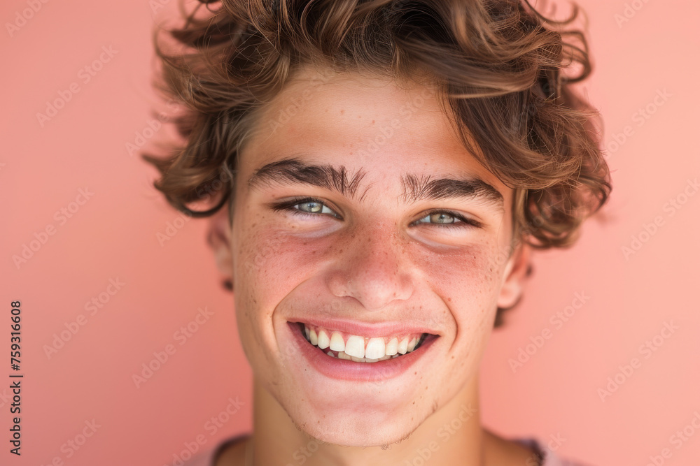 A close up of a young man 's face with a pink background A close up of a young man 's face with a pink background