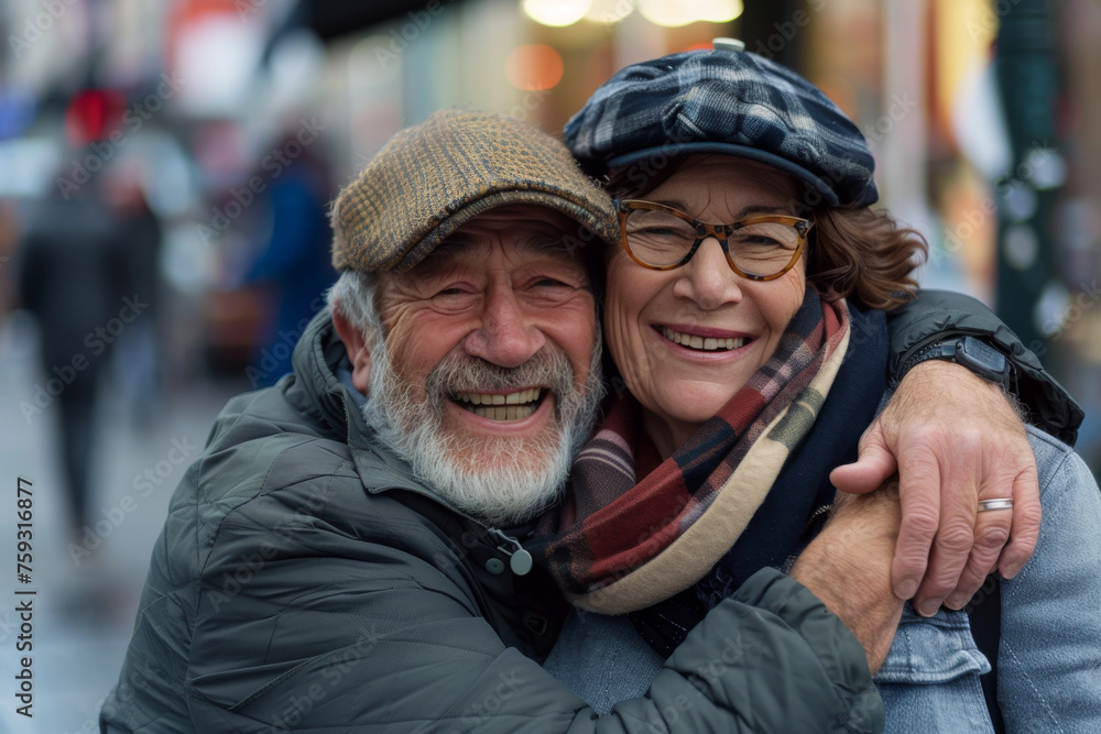 A man and woman are hugging and smiling for the camera A man and woman are hugging and smiling for the camera