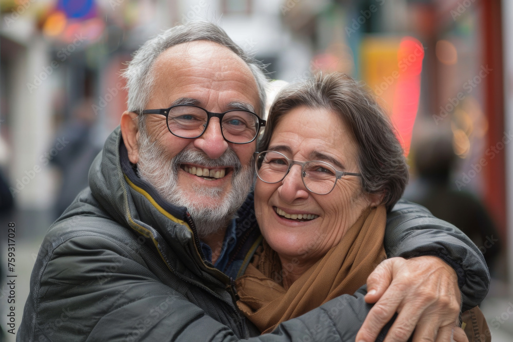 A man and woman are hugging and smiling for the camera A man and woman are hugging and smiling for the camera