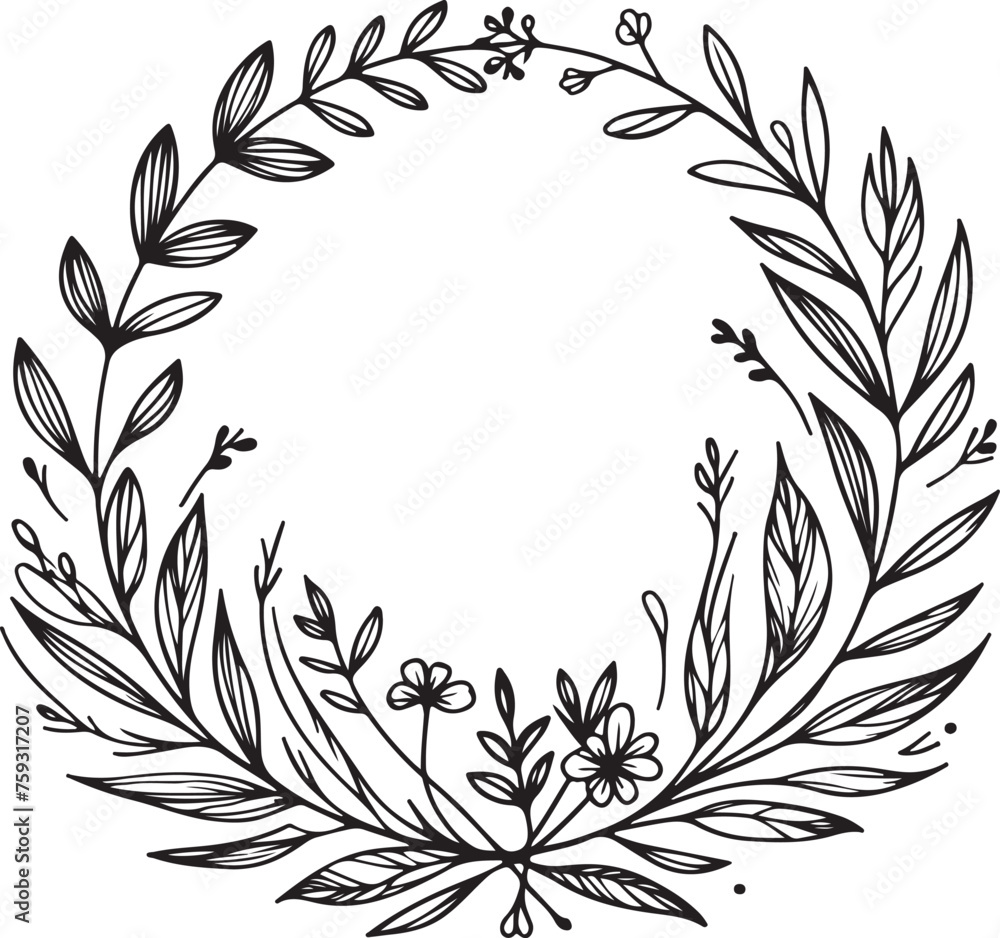 custom made wallpaper toronto digitalsimple minimal hand-drawn sketch line art Floral frame. Floral wreath with leaves. Decorative elements for design. Vector Illustration.