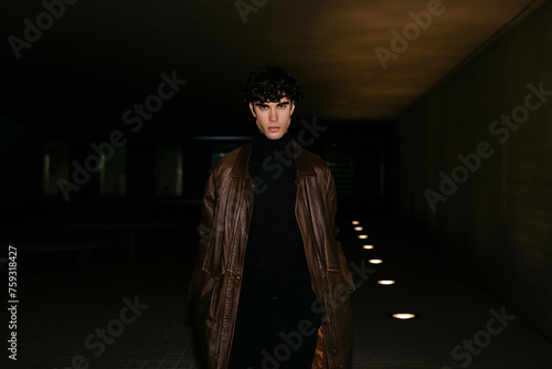 Serious young man standing on subway road with lights photo