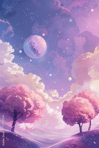 Candy nebulae, marshmallow clouds, lollipop trees, enchanted, sweet celestial bodies, minimalist illustration