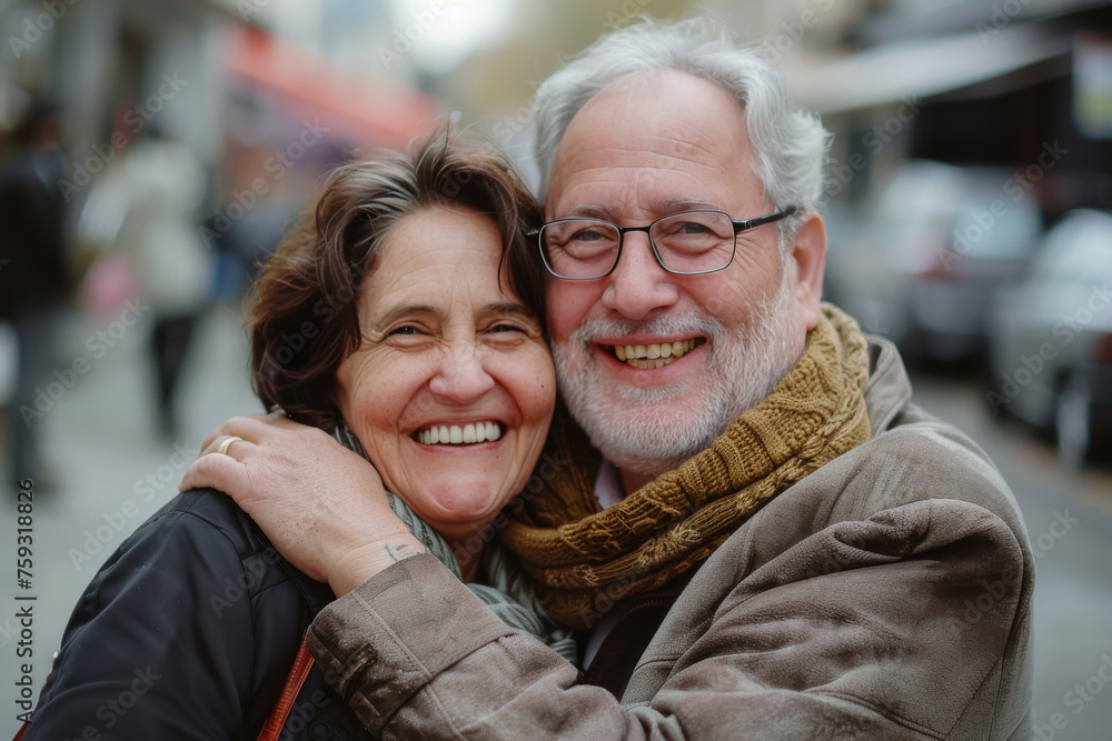 A man and woman are hugging and smiling for the camera A man and woman are hugging and smiling for the camera
