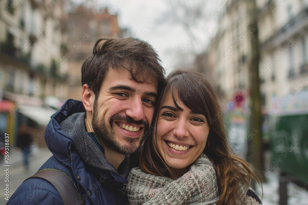 A man and a woman are smiling for the camera A man and a woman are smiling for the camera