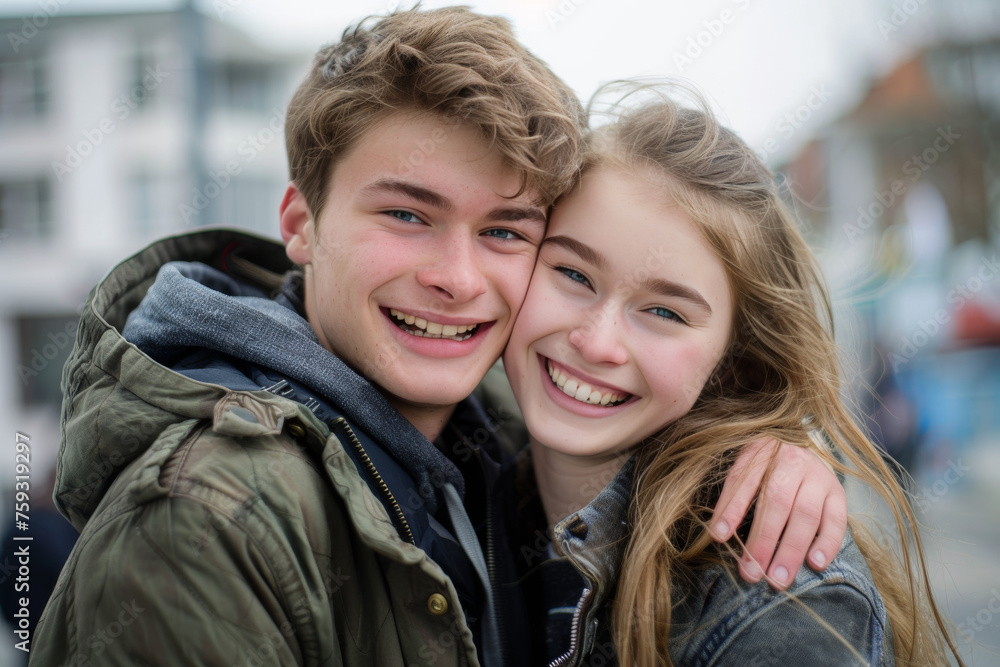 A boy and a girl are smiling for the camera A boy and a girl are smiling for the camera