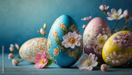 Easter Celebration  Vibrant Eggs   Decorations on Blue Backdrop  Easter Eggs with Decorations on a Blue Background  Colorful Easter Eggs   Decorations on Blue