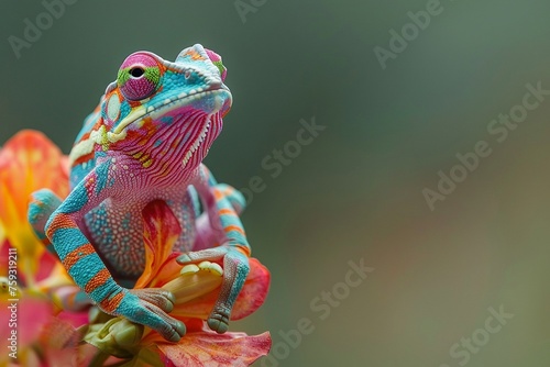 Mimic frog in chameleon dance, rich ecosystem, tranquil, harmonious hues, photographic style