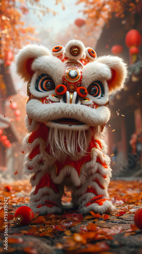 Chinese lion dance, colorful, set against a backdrop of vibrant red and gold, exuding a festive 