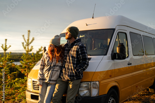 Happy couple camper van in nature