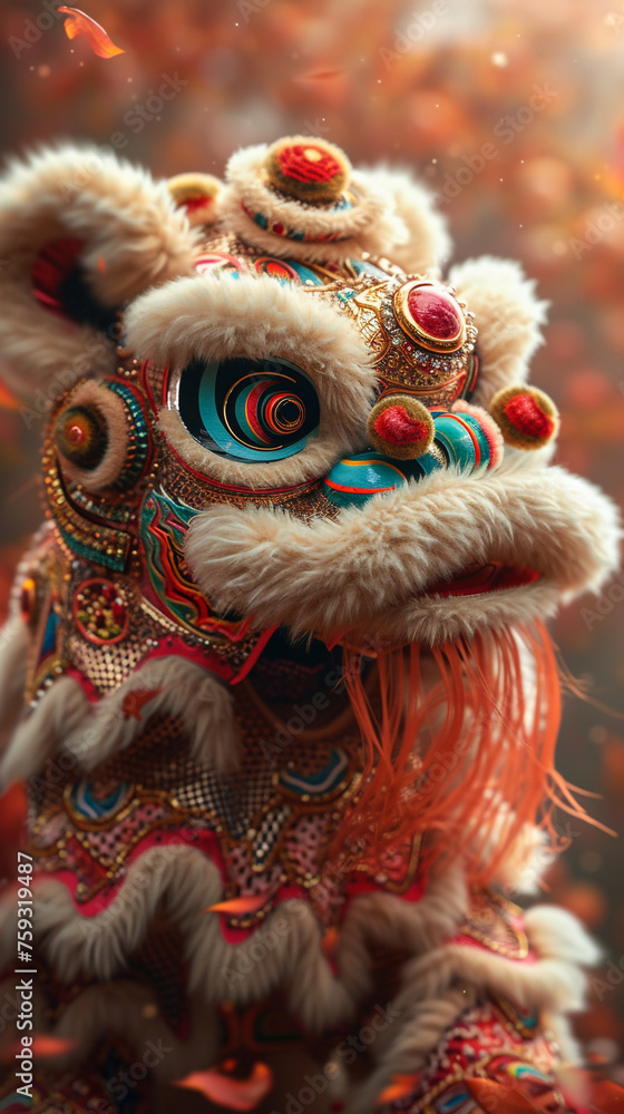 Chinese lion dance, colorful, set against a backdrop of vibrant red and gold, exuding a festive 