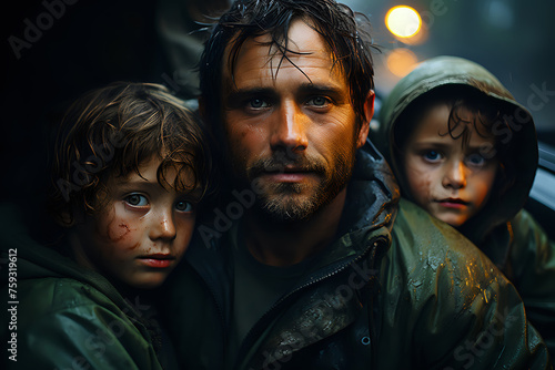 Resilience in the Rain.  A father and his children, faces marked by rain and mud, a profound image of resilience and familial strength. © Yuliia