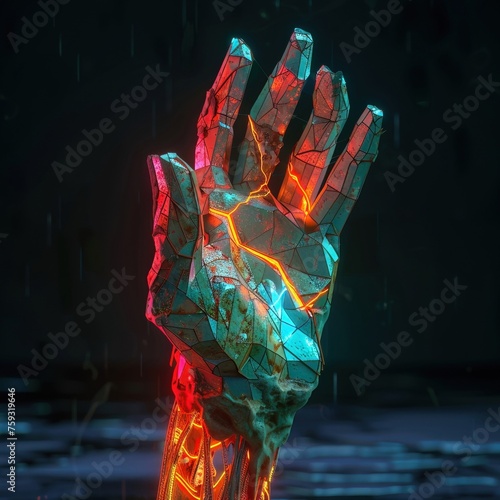 A decayed hand gripping a symbol of modern wealth low poly futuristic neon