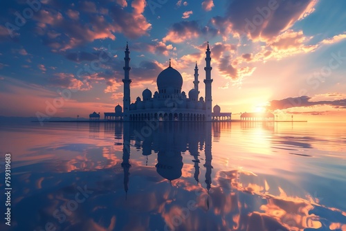blue sky with beautiful clouds, reflection of the mosque in water puddle at sunset, kuala lumpur mosque in the background