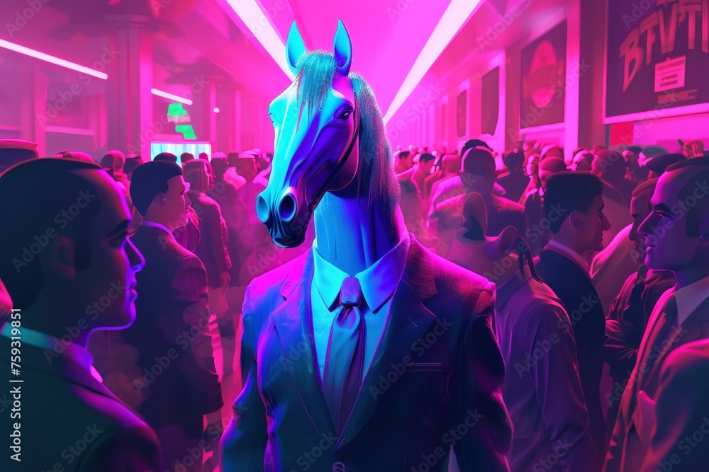 A horse in a stylish suit sauntering through a crowd of astonished onlookers neon track 3d isomatic bakery