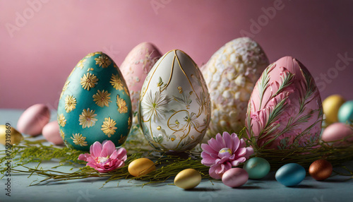 Easter Celebration  Vibrant Eggs   Decorations on Pink Backdrop  Easter Eggs with Decorations on a Pink Background  Colorful Easter Eggs   Decorations on Pink