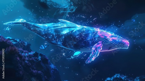 A majestic whale adding a unique touch to a backpackers adventure low poly futuristic neon