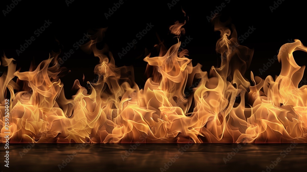 Fototapeta premium A breathtakingly realistic image of fire flames, artfully captured as if through the lens of a high-definition camera against a pure black background.