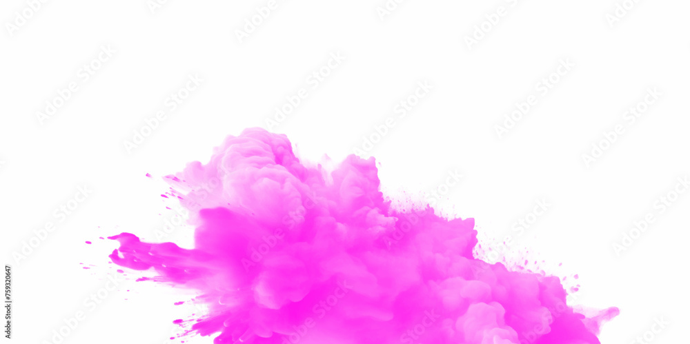Pink holi paint color powder. Abstract pink dust explosion on white background. Pink holi paint color powder festival explosion burst isolated white background. Pink vibrant rainbow Holi paint color.	