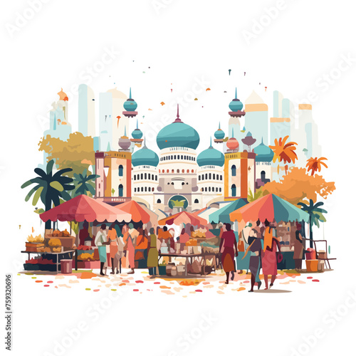 Vibrant scene of a Malaysian street market adorned