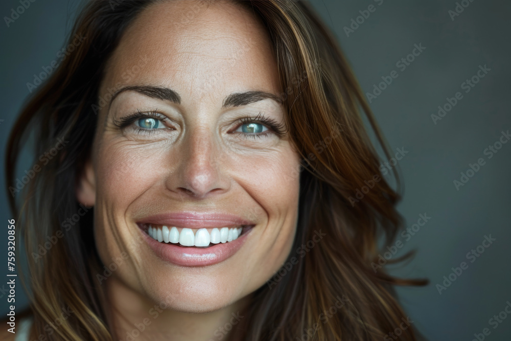 A close up of a woman 's face with a smile on her face A close up of a woman 's face with a smile on her face
