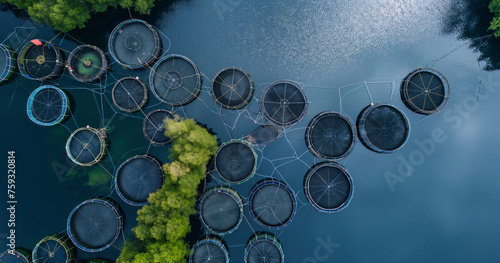 Sustainable Ecosystems: Overhead Panorama of a Freshwater Fish Farming Complex