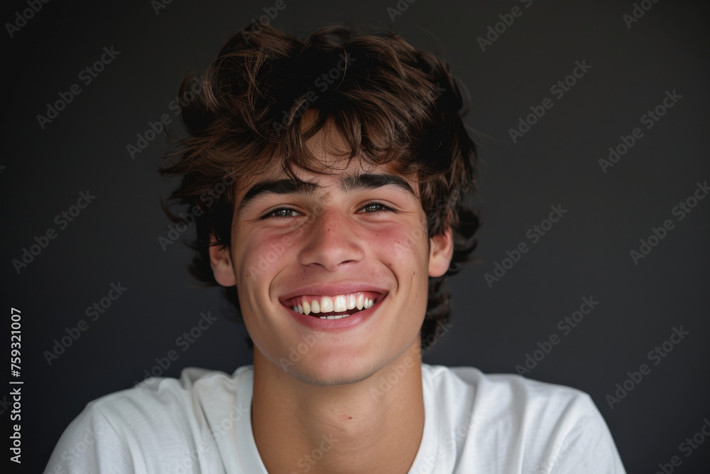 A young man with curly hair is smiling for the camera A young man with curly hair is smiling for the camera