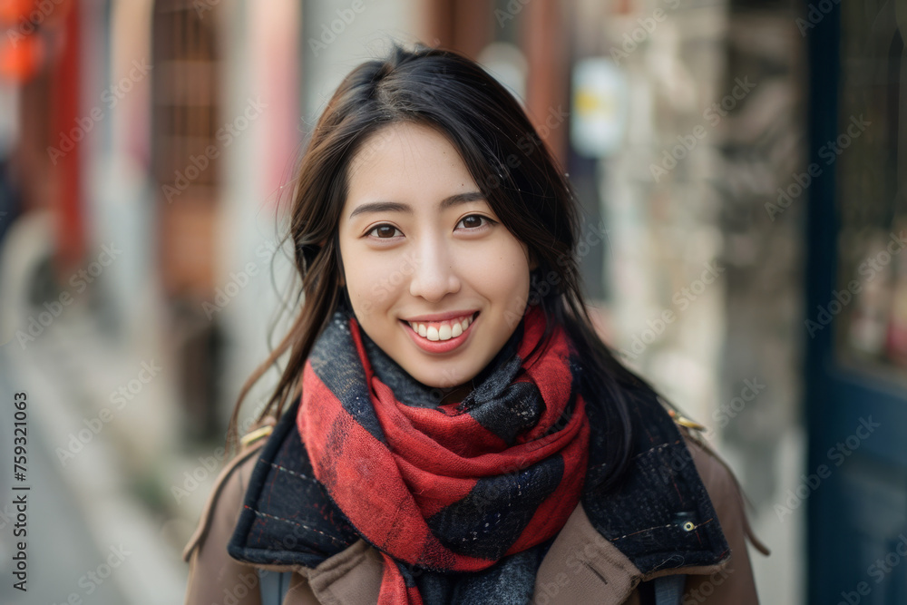 A woman wearing a scarf around her neck smiles for the camera