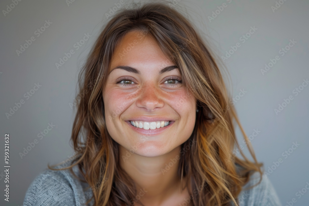 A woman with long brown hair is smiling for the camera A woman with long brown hair is smiling for the camera