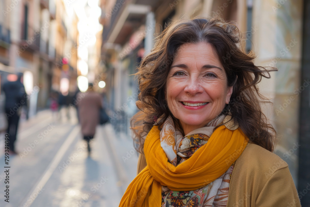 Fototapeta premium A woman wearing a yellow scarf smiles for the camera