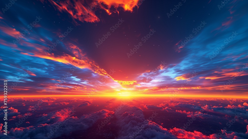 A hyper-realistic image of a sunset sky, where the horizon is aflame with the fiery reds and oranges of the setting sun, contrasted against the deepening blue of the night sky. - obrazy, fototapety, plakaty 