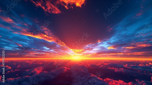 A hyper-realistic image of a sunset sky, where the horizon is aflame with the fiery reds and oranges of the setting sun, contrasted against the deepening blue of the night sky.