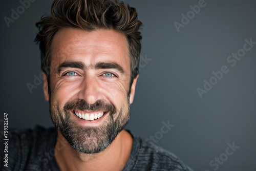 A man with a beard and blue eyes smiles for the camera