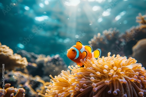 Anemone fish, orange and white clown anemone fish swimming in the sea among corals, close up shot, in the style of National Geographic photo